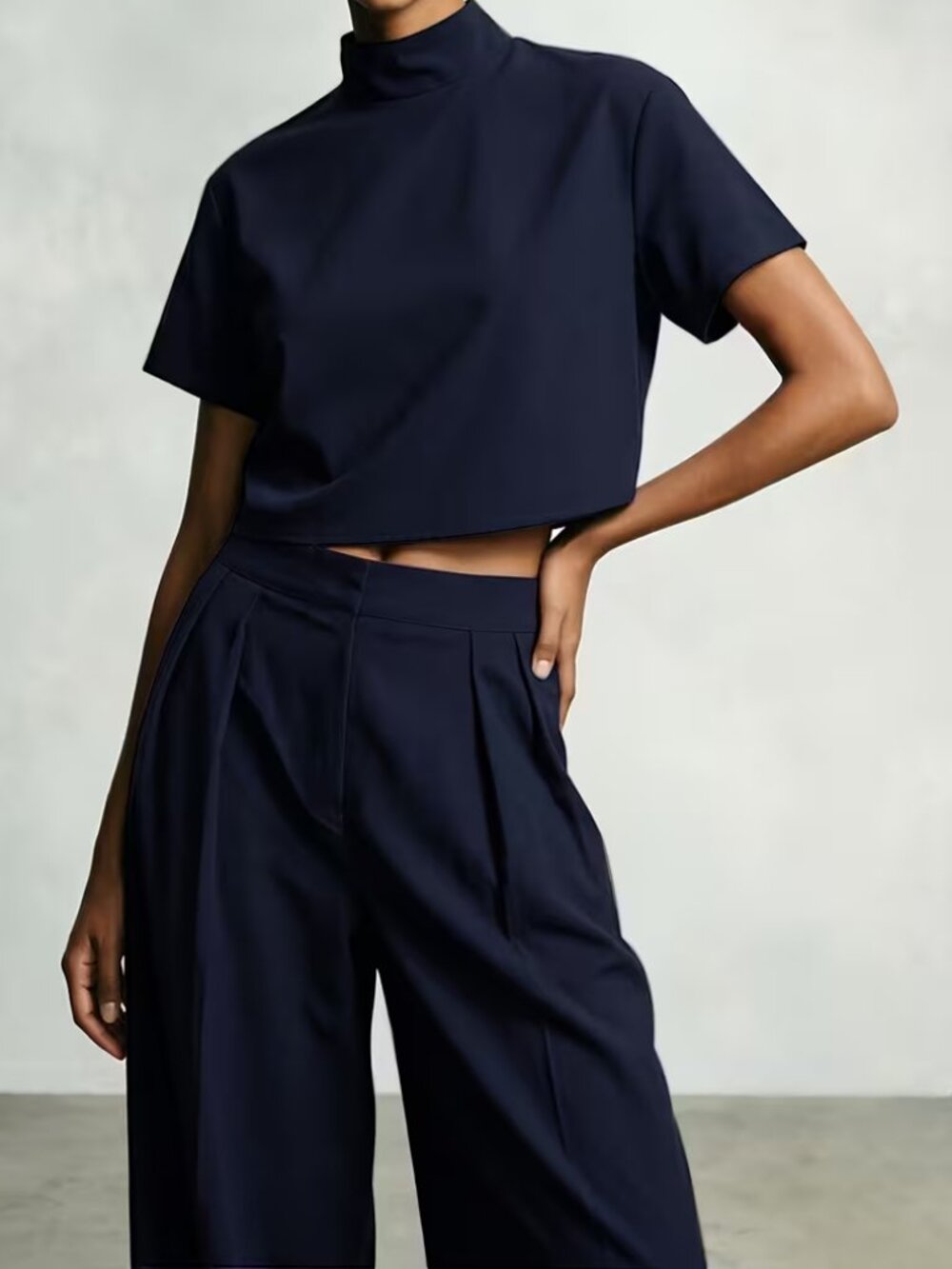 Navy Blue Short Top + Wide Leg Pants Set - Picture 2 of 6